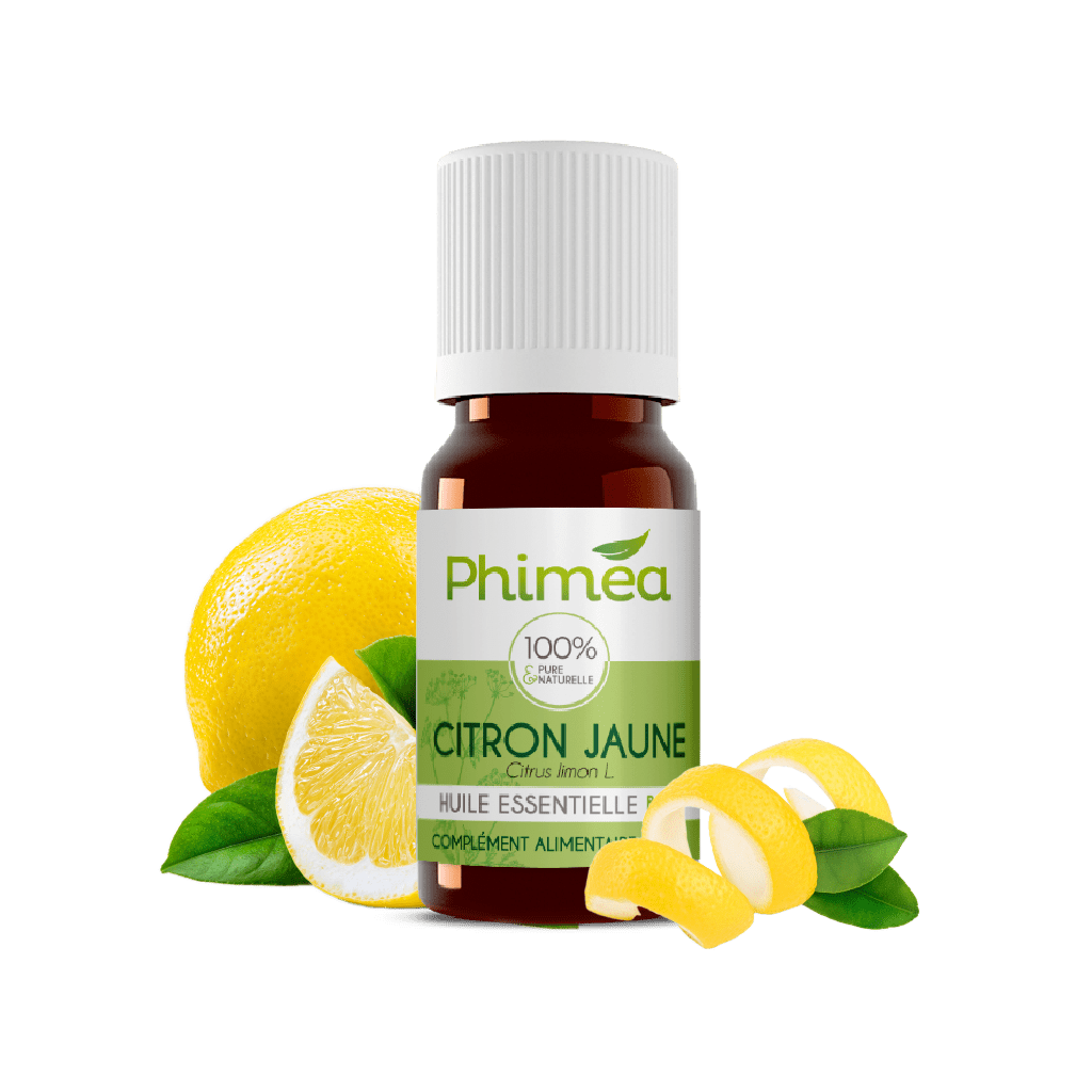 Flacon huile essentielle de citron jaune avec fruit en arrière plan