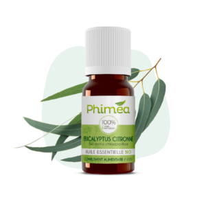 Flacon huile essentielle d'eucalyptus citronné avec feuilles en arrière plan sur fond vert